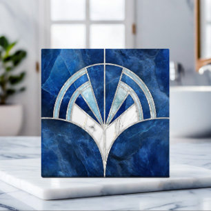 Art Deco Fan Muschel - Blauer und weißer Marmor Fliese
