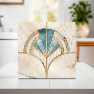 Art Deco Fan Muschel - Travertin und blauer Marmor Fliese