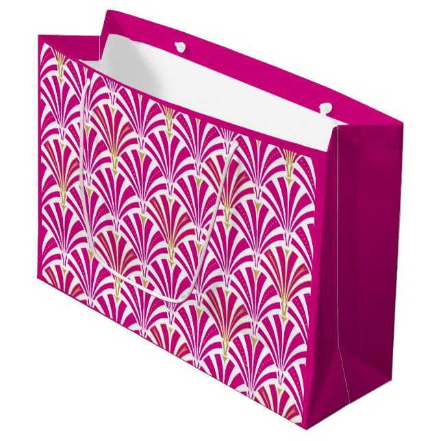 Art Deco Fanmuster - fuchsia pink Große Geschenktüte (Vorderseite Schrägansicht)