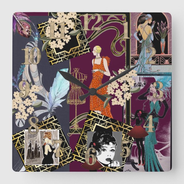 Art Deco Fashion Show Scene Quadratische Wanduhr (Vorderseite)