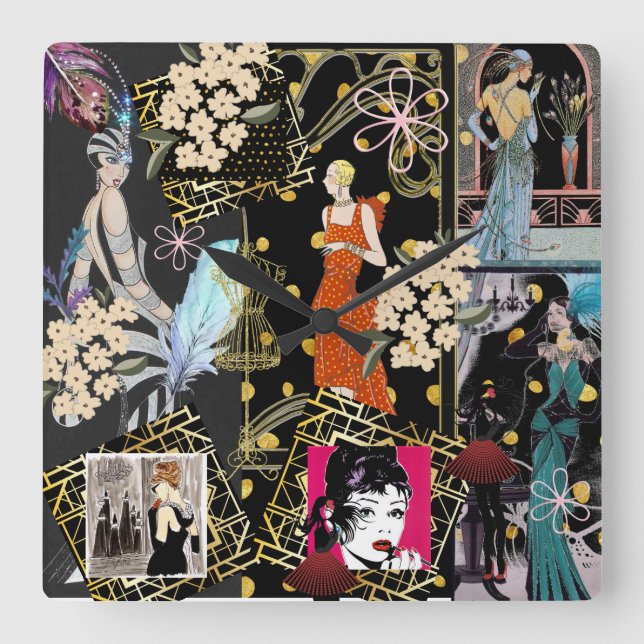 Art Deco Fashion Show Scene Quadratische Wanduhr (Vorderseite)