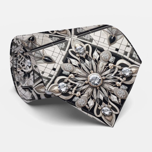 Art Deco Faux Seide | Luxus B+W Diamanten Krawatte (Gerollt)