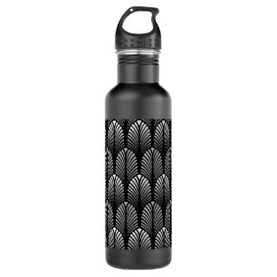Art Deco Feather Pattern, Silver Grau und Black Trinkflasche