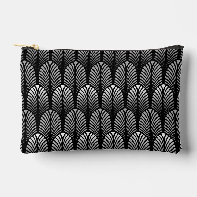 Art Deco Feather Pattern, Silver Grau und Black Zubehörtasche (Vorderseite)