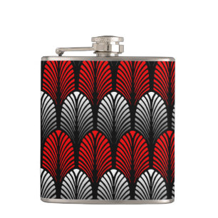 Art Deco Feather Pattern, Silver Grau und Rot Flachmann