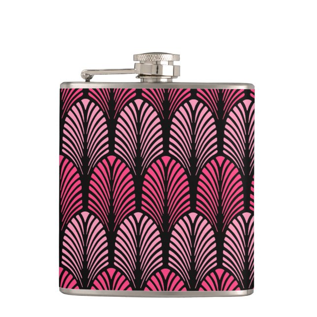 Art Deco Feder Muster, Fuchsienrosa und Schwarz Flachmann (Vorderseite)