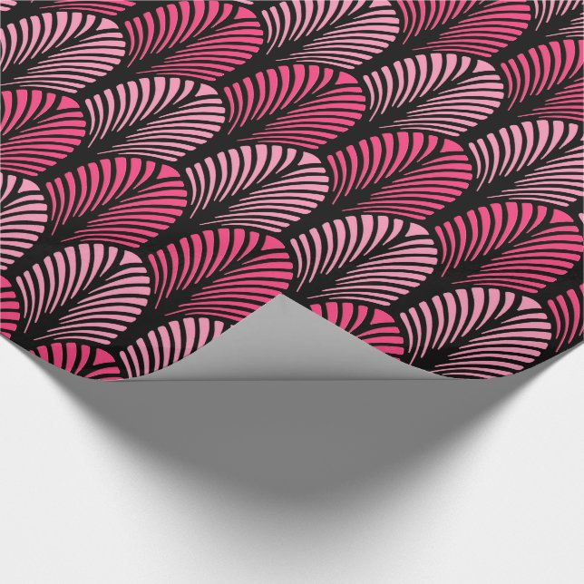 Art Deco Feder Muster, Fuchsienrosa und Schwarz Geschenkpapier (Ecke)
