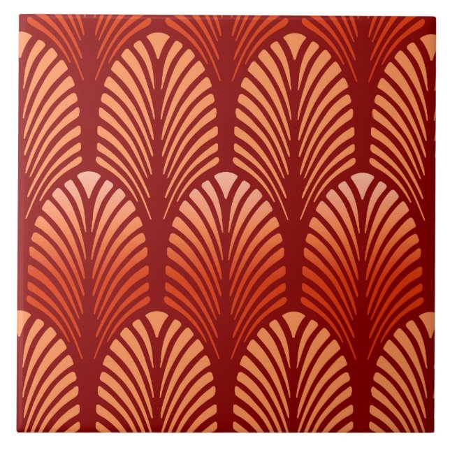 Art Deco-Feder-Muster, Mandarinorange Fliese (Vorderseite)