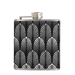 Art Deco-Feder-Muster, Silbergrau und Schwarz Flachmann
