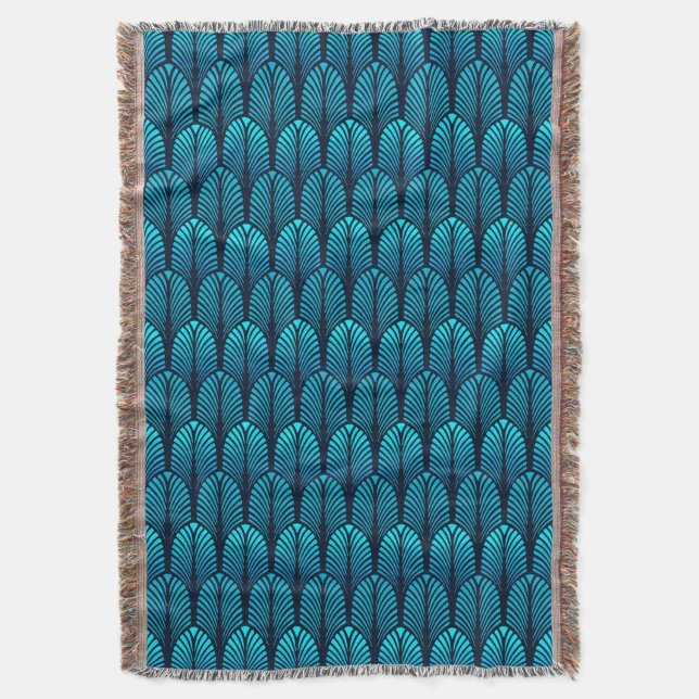 Art Deco Feder Muster, Türkis und Navy Decke (Vorderseite Vertikal)