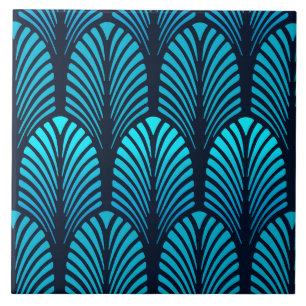 Art Deco-Feder-Muster, Türkis und Navy Fliese