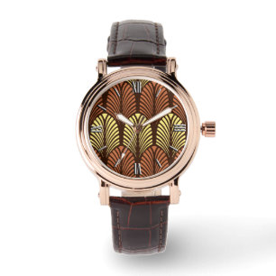 Art Deco Federmuster, Dunkelbraun und Rost Armbanduhr
