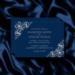 Art Deco Filigree Silver Gray Navy Blue Wedding Einladung