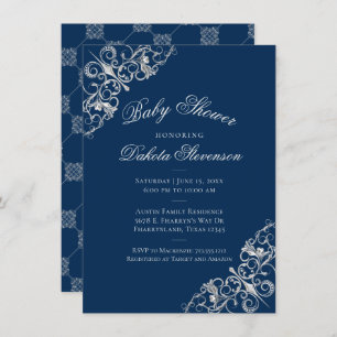 Art Deco Filigree Silver Navy Blue Baby Dusche Einladung