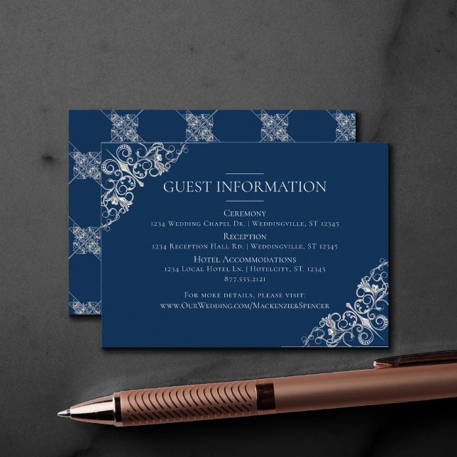 Art Deco Filigree | Silver Navy Blue Guest Details Begleitkarte (Von Creator hochgeladen)