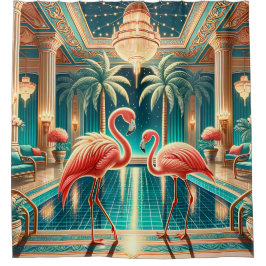 "Art Deco Flamingo Interior - Vibrant Retro Art" Duschvorhang