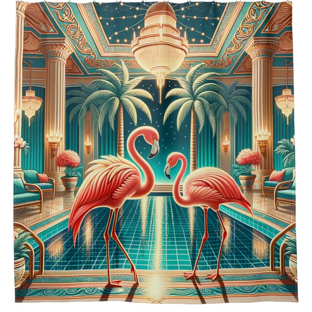 "Art Deco Flamingo Interior - Vibrant Retro Art" Duschvorhang (Vorderseite)