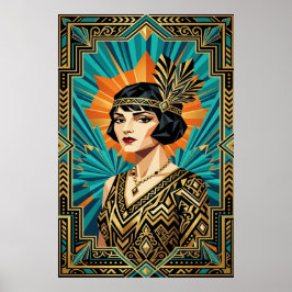 Art Deco Flapper-Frau-Porträt Gold Türkis Poster