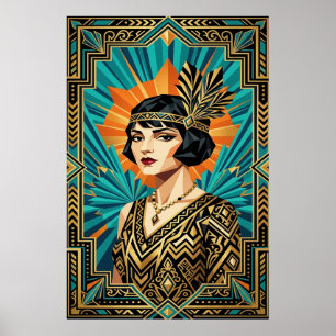 Art Deco Flapper-Frau-Porträt Gold Türkis Poster
