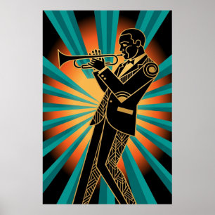 Art Deco Flapper-Frau-Porträt Gold Türkis Poster