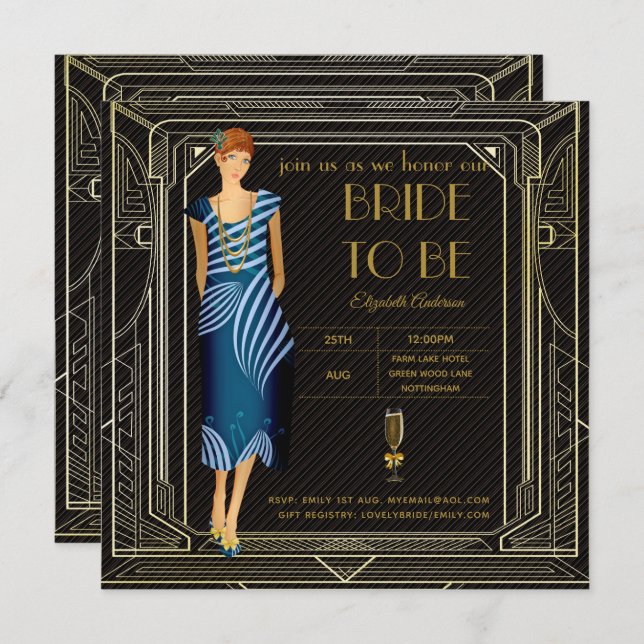 Art Deco Flapper Roaring 20er Brautparty Einladung (Vorne/Hinten)