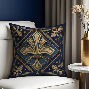Art Deco Fleur-de-lis Blau und Gold Kissen