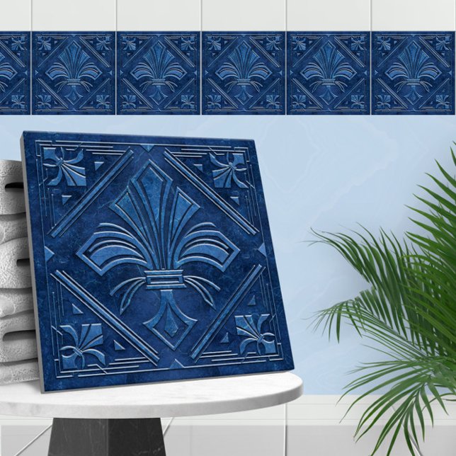 Art Deco Fleur-de-lis - Blauer Marmor Fliese (Von Creator hochgeladen)