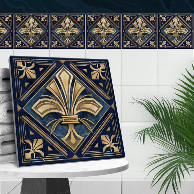 Art Deco Fleur-de-lis - Blauer Marmor und Gold Fliese (Von Creator hochgeladen)
