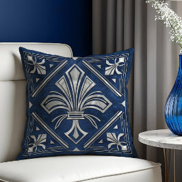 Art Deco Fleur-de-lis Blauer Marmor und Perl Kissen