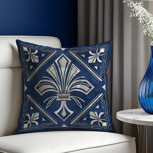 Art Deco Fleur-de-lis Blauer Marmor und Perl Kissen (Von Creator hochgeladen)