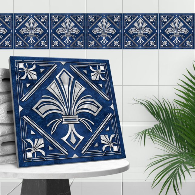 Art Deco Fleur-de-lis - blauer Marmor und Perle Fliese (Von Creator hochgeladen)
