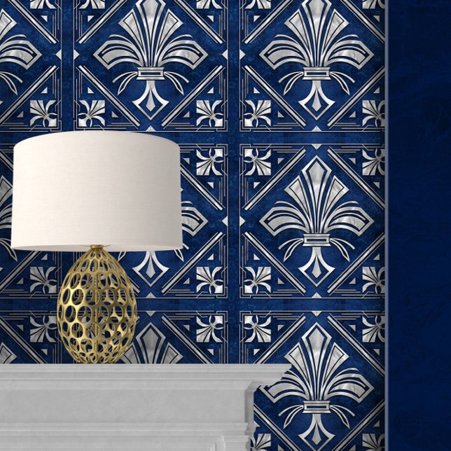 Art Deco Fleur-de-lis Blue and Pearl Tapete (Von Creator hochgeladen)