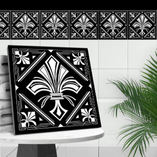 Art Deco Fleur-de-lis - schwarz-weiß Fliese