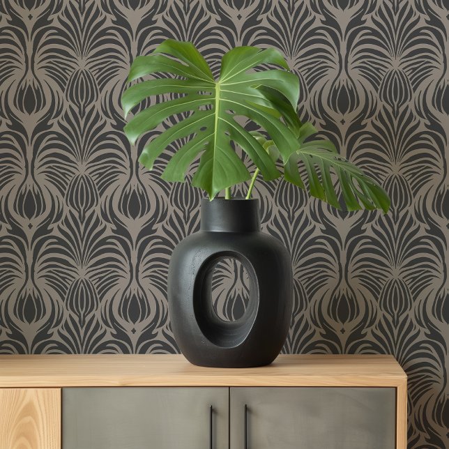 Art Deco Floral Feather Taupe & Charcoal Tapete (Von Creator hochgeladen)