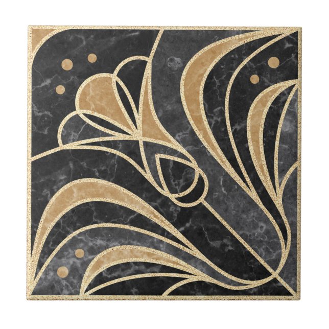 Art Deco Floral. Gold und Marmor Fliese (Vorderseite)