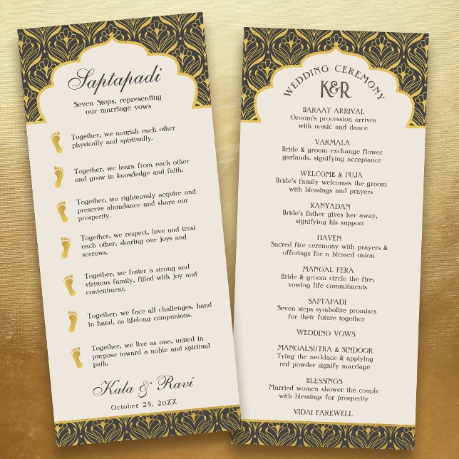 Art Deco Floral Lotus Indian & Hindu Wedding Programm (charcoal gray black art deco indian hindu wedding program card with saptapadi seven steps vows)