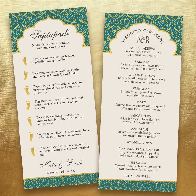 Art Deco Floral Lotus Indian & Hindu Wedding Programm (Teal blue gold art deco indian hindu wedding program card with saptapadi seven steps marriage vows)