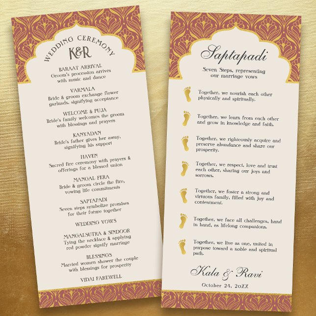 Art Deco Floral Lotus Indian & Hindu Wedding Programm (Rust red art deco indian hindu wedding program card with saptapadi seven steps vows, gold foil leaf)