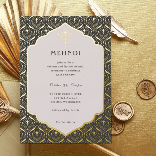 Art Deco Floral Lotus Mehndi Gold Folieneinladung (mehndi invitation, indian wedding invitation, mehendi invitation, hindu wedding invitation, art deco)