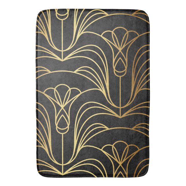 Art Deco Floral. Schwarz und Gold Badematte (Vorderseite Vertikal)
