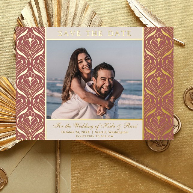 Art Deco floraler Lotus Wedding rettet Gold Folieneinladung (art deco wedding save the date card, indian wedding photo save the date, hindu wedding announcement)