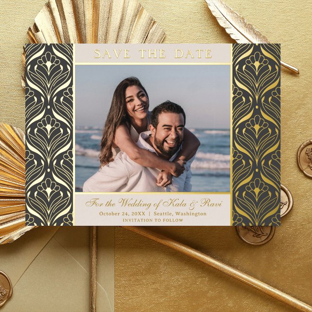 Art Deco floraler Lotus Wedding rettet Gold Folieneinladung (art deco wedding save the date card, indian wedding photo save the date, hindu wedding announcement)