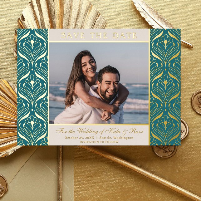 Art Deco floraler Lotus Wedding rettet Gold Folieneinladung (art deco wedding save the date card, indian wedding photo save the date, hindu wedding announcement)