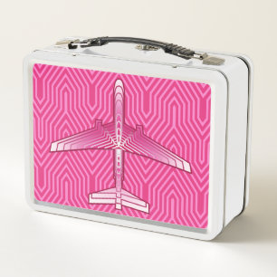 Art-Deco-Flugzeug, Fuchsia und Pastellrosa Metall Brotdose
