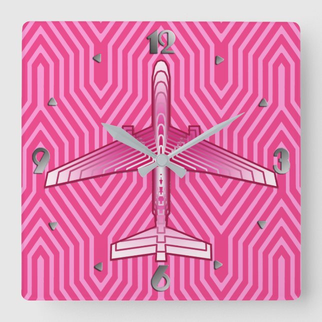 Art-Deco-Flugzeug, Fuchsia und Pastellrosa Quadratische Wanduhr (Vorderseite)