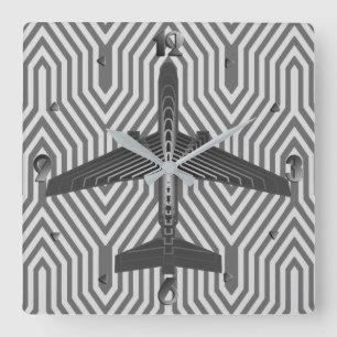 Art Deco Flugzeug, Grafik und Silber Grau Quadratische Wanduhr