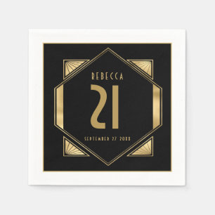 Art Deco Frame 21. Geburtstag Datum Gold Schwarz Serviette