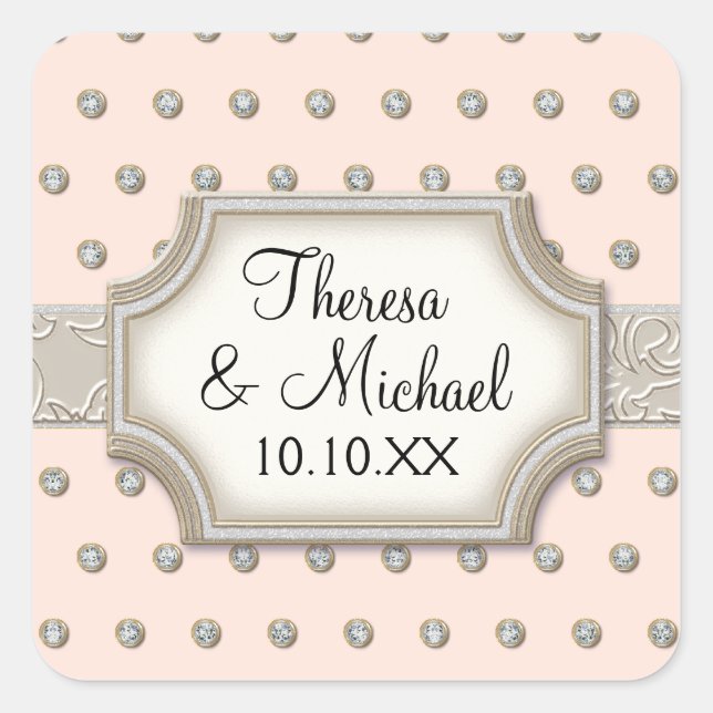 Art Deco Frame Champagne Silver Jewel Dots Quadratischer Aufkleber (Vorderseite)