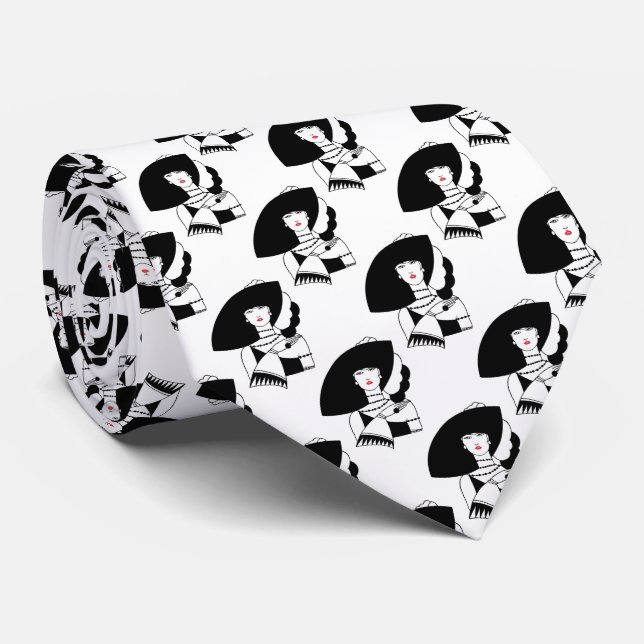 Art Deco Frau in Big Hat Gloves RL Krawatte (Gerollt)