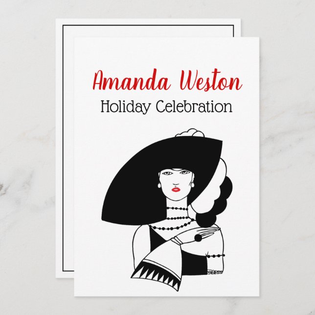 Art Deco Frau in Big Hat Gloves RL Weihnachten Wei Einladung (Vorne/Hinten)